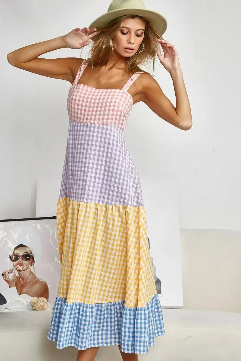 BiBi Color Block Tiered Gingham Dress for Summer Fun - Love Salve